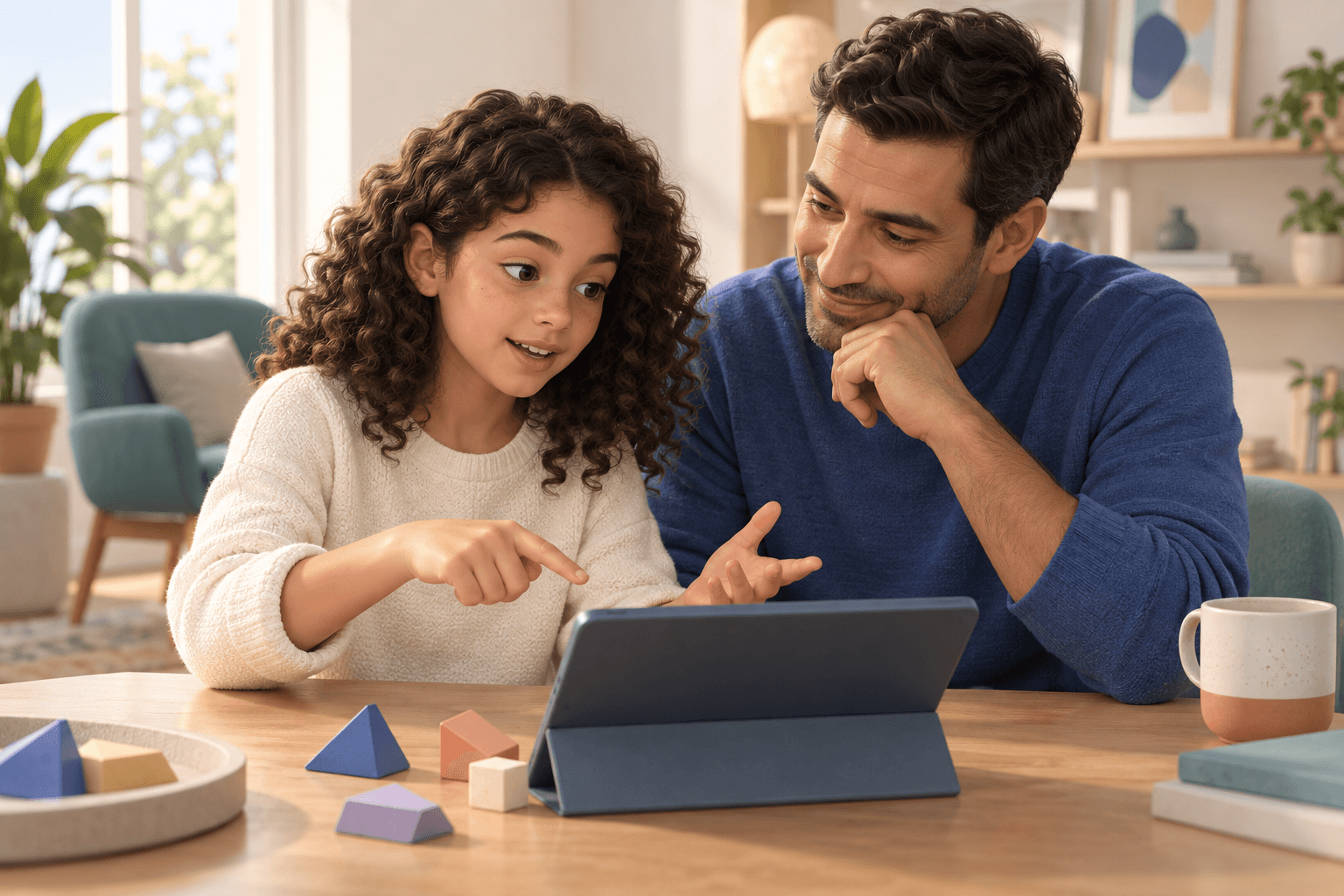 A parent listening as their child explains a puzzle at home